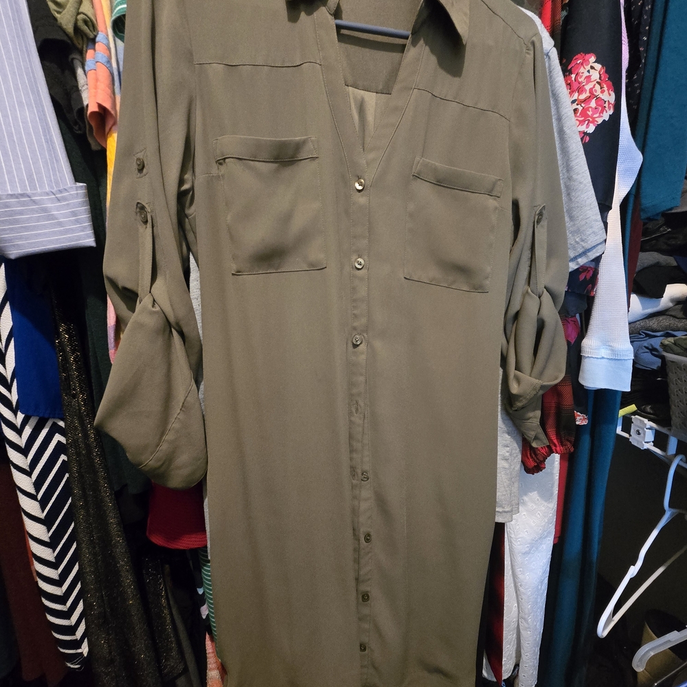 Women's Olive Green Button-down Dress, 2 Pockets On Front, Belt, Medium, EUC